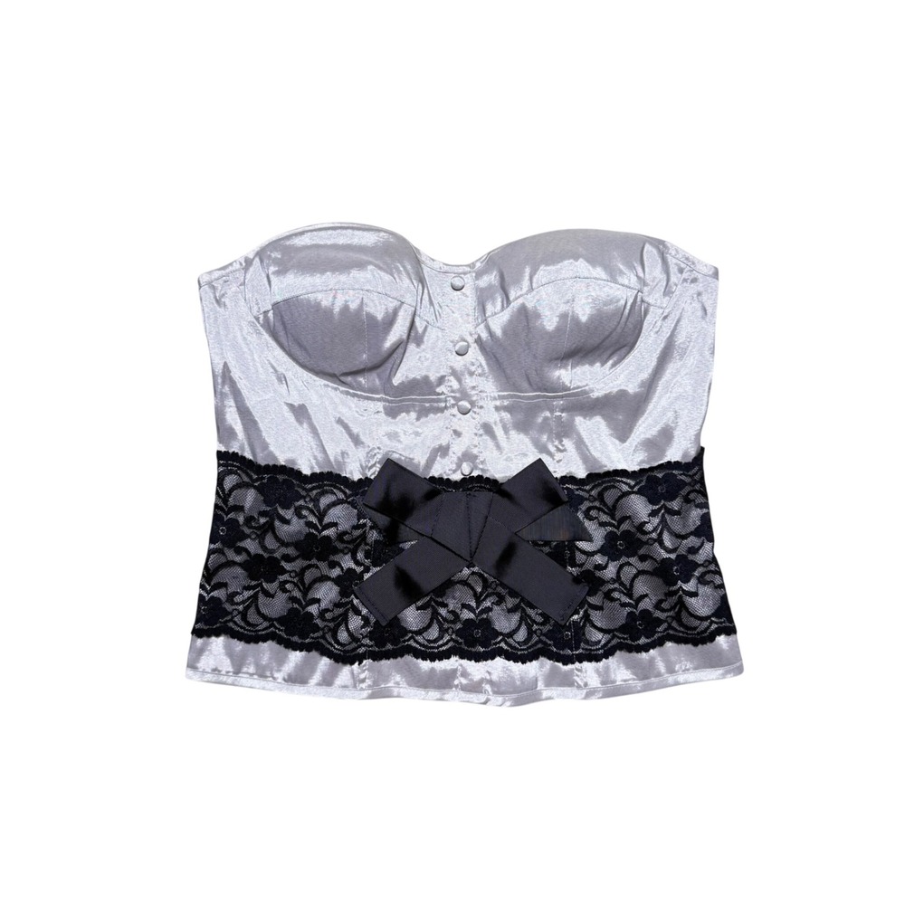 Silver Satin Corset Top Black Lace Bow Strapless